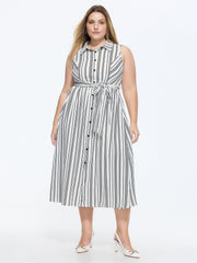 Striped Print Sleeveless Shirt Midi Dress