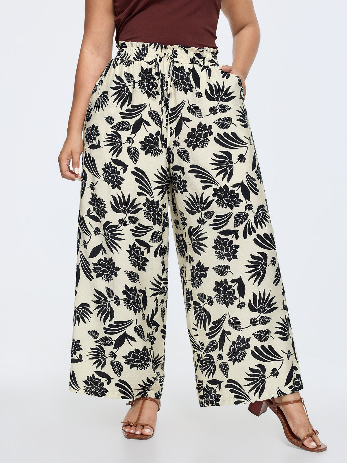 Tropical Print Shirred Drawstring Waist Pants