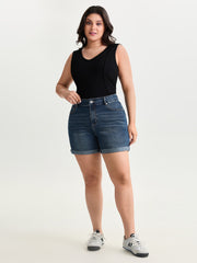 Wash High Waist Cuffed Hem Denim Shorts