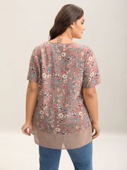 Garden Print Spliced V-Neck Blouse