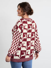 Checkered Colorblock Jacquard Reindeer Pullover