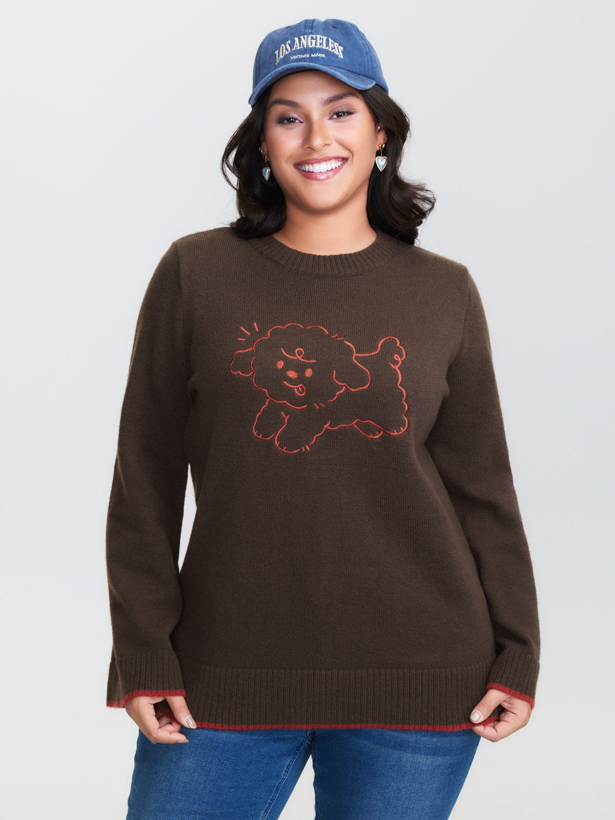 Stretchy Puppy Pattern Embroidered Contrast Pullover