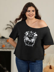 Cotton Halloween Cat Cauldron Pumpkin Print Off Shoulder T‑Shirt