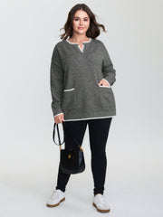 Color Contrast Patch Pockets Split Neckline Pullover