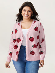 Strawberry Pattern Button-Front Knit Cardigan