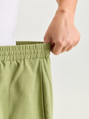 Linen Blend Elastic Waist Wide-Leg Shorts