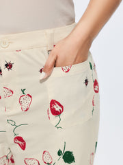 Cotton Strawberry Print Straight-Leg Pants