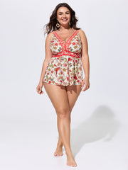 Floral Print Color Contrast Cut-Out Neckline Swim Top