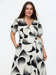 Geometric Print Side-Tie Pockets Midi Dress