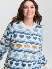 Ocean Pattern Jacquard Ribbed Hem Pullover