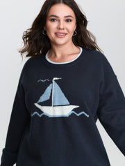 Jacquard Sail Pattern Color Contrast Pullover
