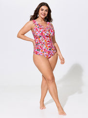 Floral Print Ruffled Neckline One-Piece Swim