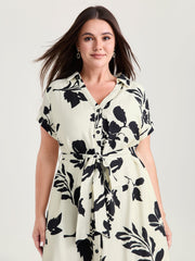 Monochrome Floral Print Collared Midi Dress