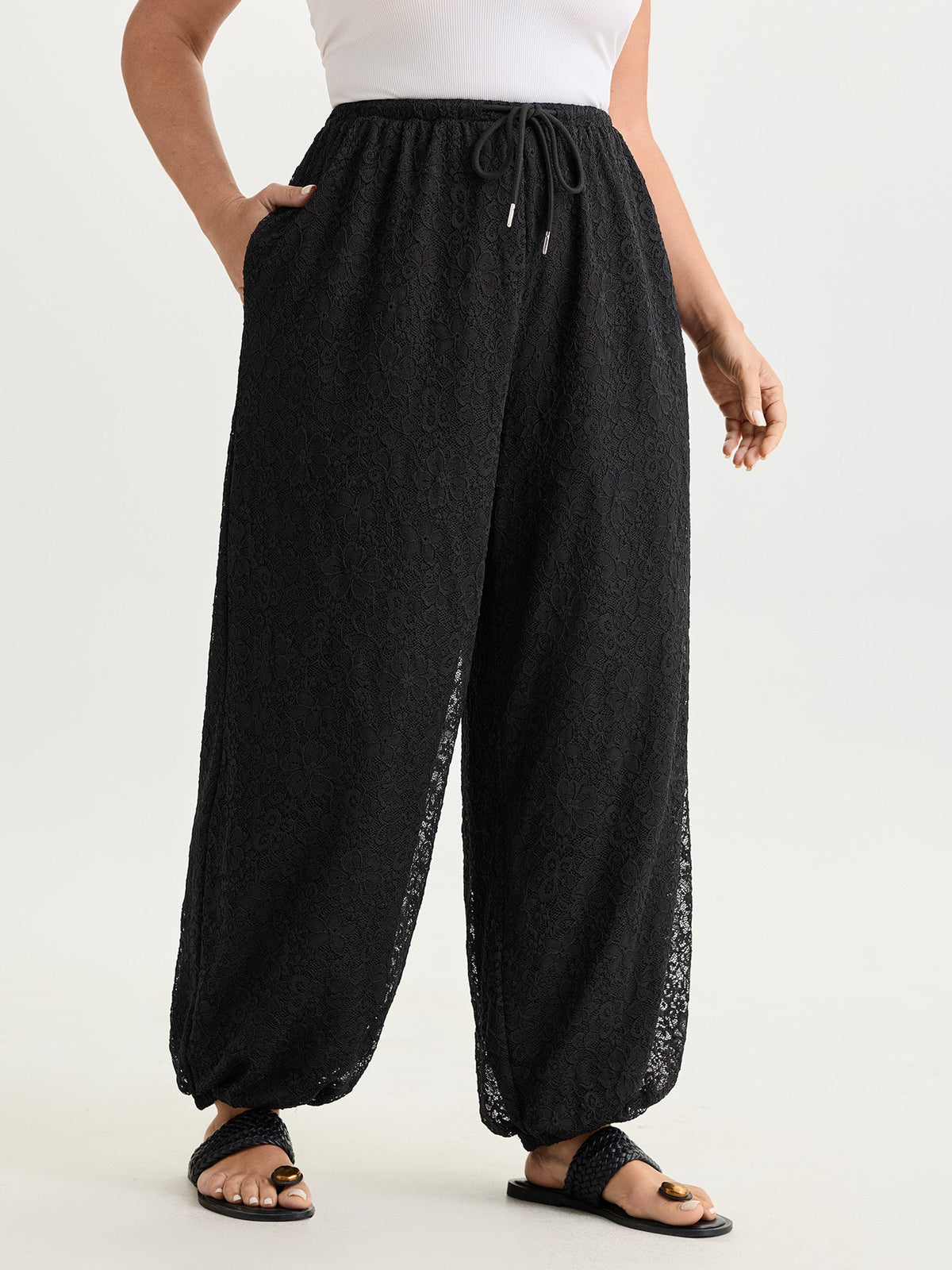 Drawstring Lace Trim Straight-Leg Pants