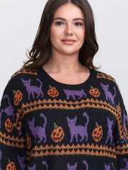 Cat Halloween Print Cozy Pullover