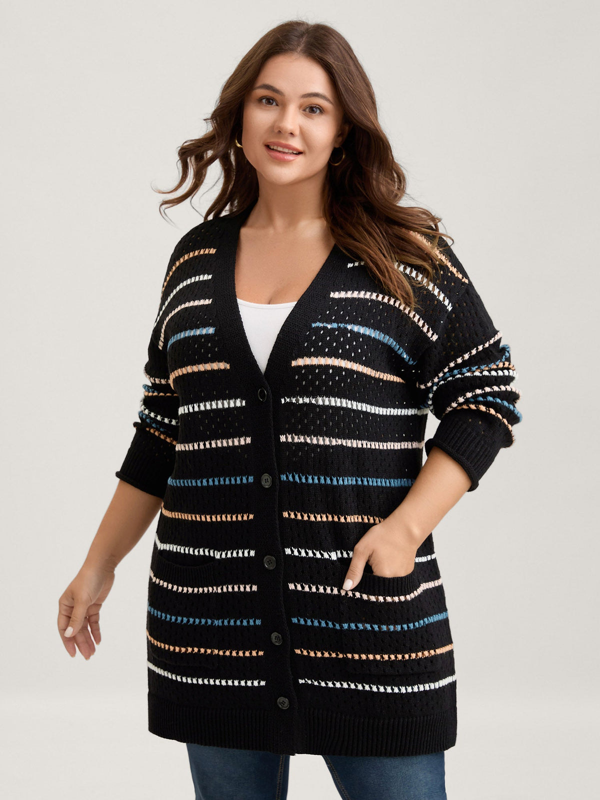 Colorful Stripes Button Detail Knit Cardigan