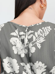 Striped Floral Print Notched Collar Midi Dress