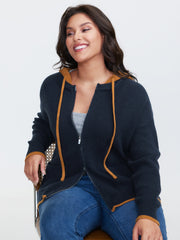 Contrast Hooded Zipper Front Pocketed Cardigan