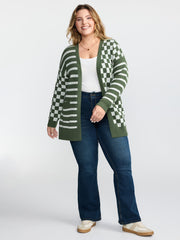 Supersoft Stripe Checkered Pockets Knit Cardigan