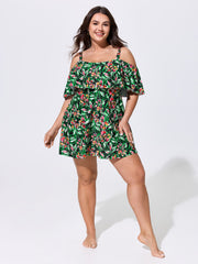Floral Ruffle Trim Off Shoulder Pockets Swim Dress