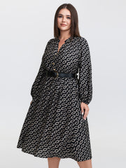 Monochrome Geometric Print Belted Midi Dress